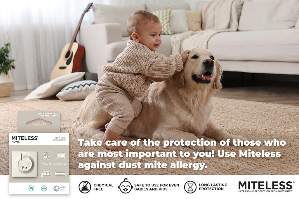 Bambino e cane sul tappeto. Confezione del prodotto anti-acaro nell'immagine.