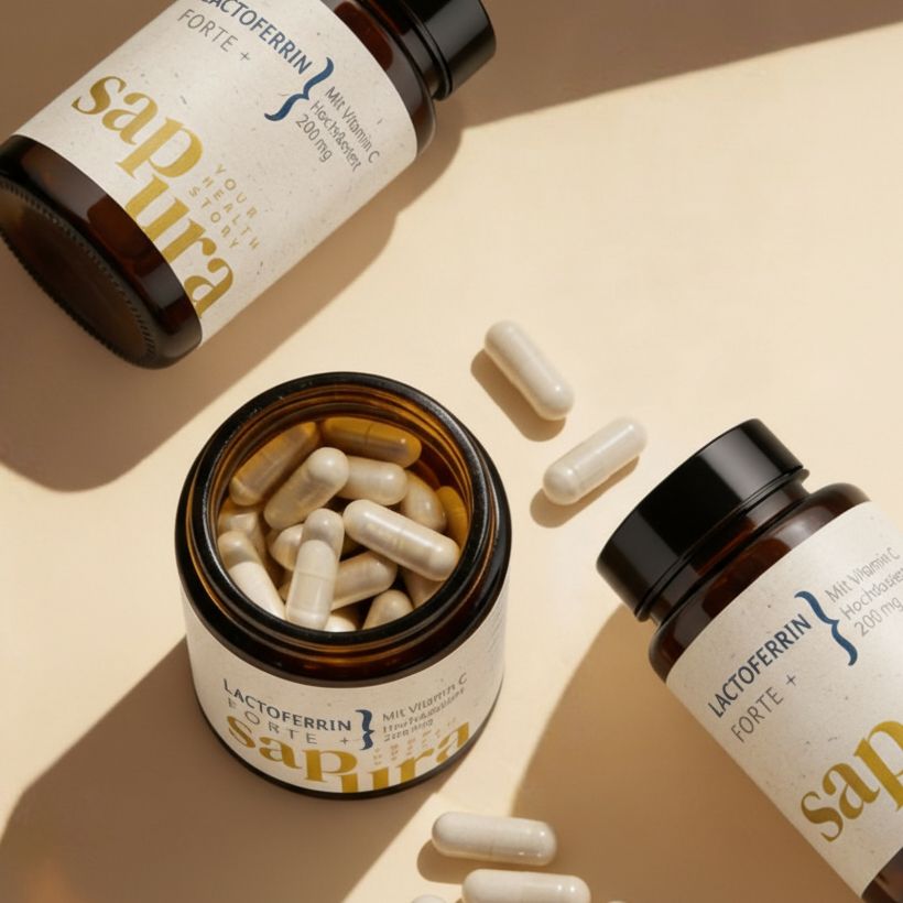 Flaconi di vetro marrone e capsule. Scritta: Lactoferrin Forte +, Vitamina C, Sapura. Capsule sparse.