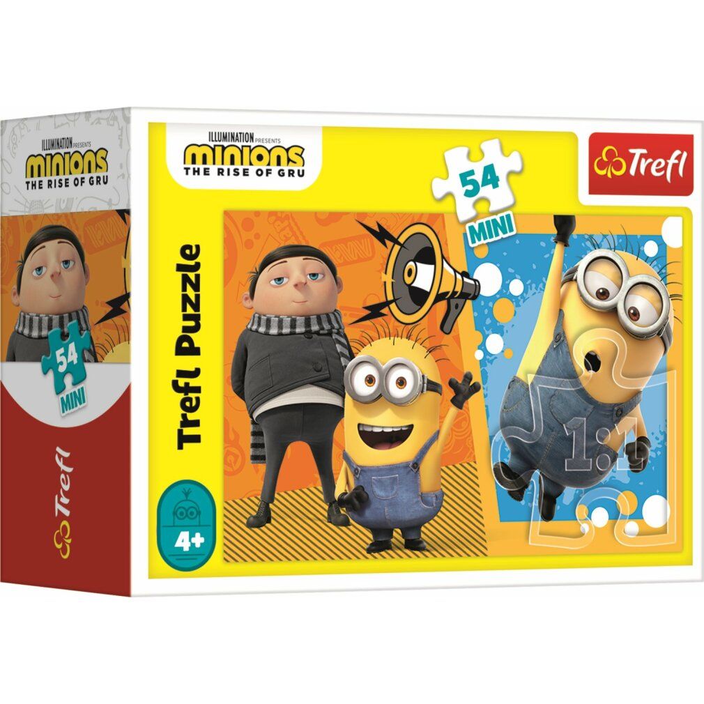 Trefl Puzzle Mimons: pronto a tutto, 54 pezzi. Confezione con motivi Minions e logo.