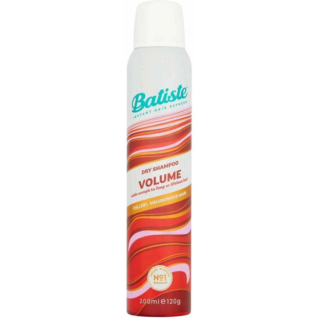 Bomboletta spray bianca e rossa con tappo bianco. Scritta: Batiste Dry Shampoo & Volume. Motivo a onde rosse e marroni.
