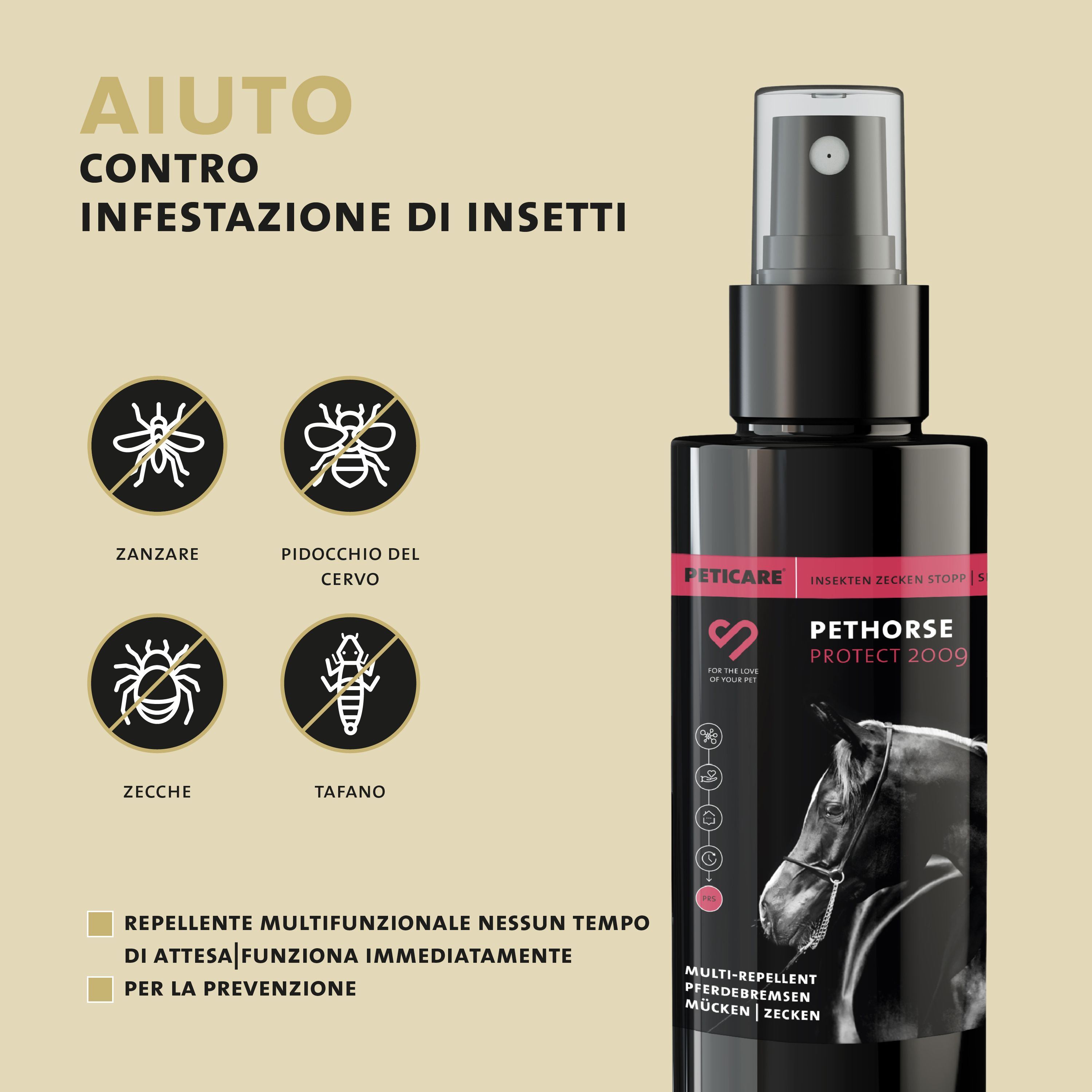 Flacone spray con informazioni sul prodotto. Testo: Pethorse Protect 2009. Contro l'infestazione da insetti. Zanzare, zecche, tafani.