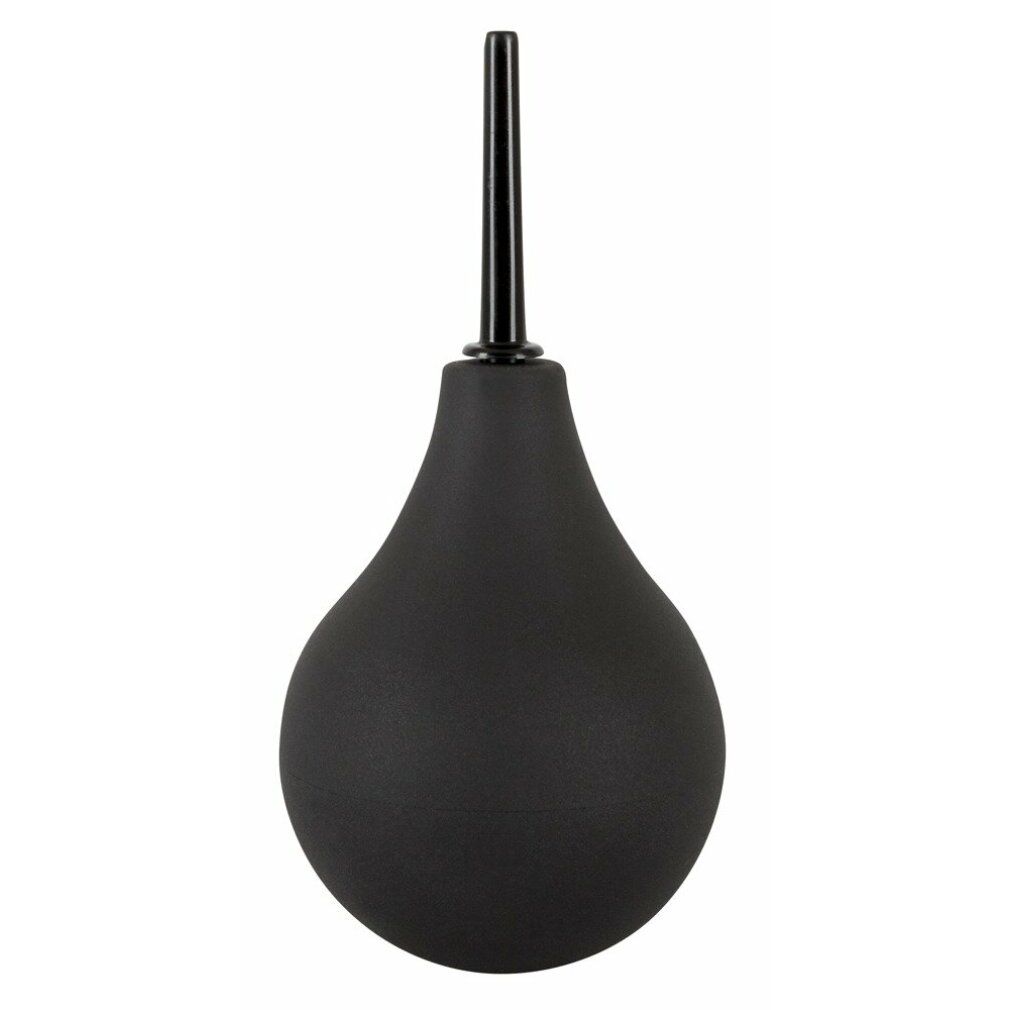 Doccia anale nera con applicatore nero. A forma di pera, con un applicatore nero.