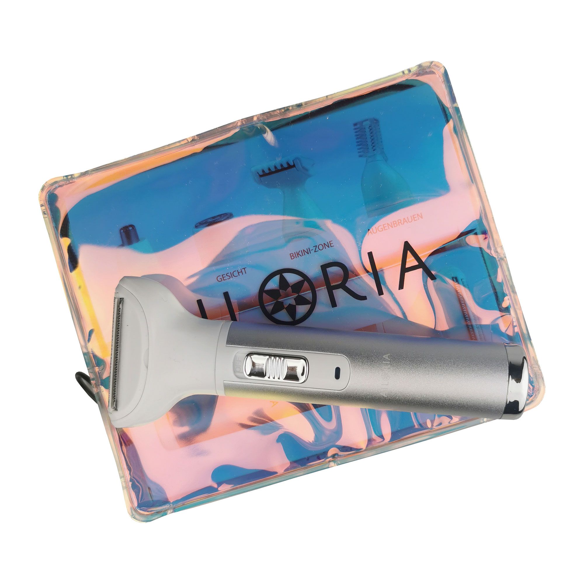 Rasoio argento con accessori in una custodia trasparente. Logo AILORIA visibile.