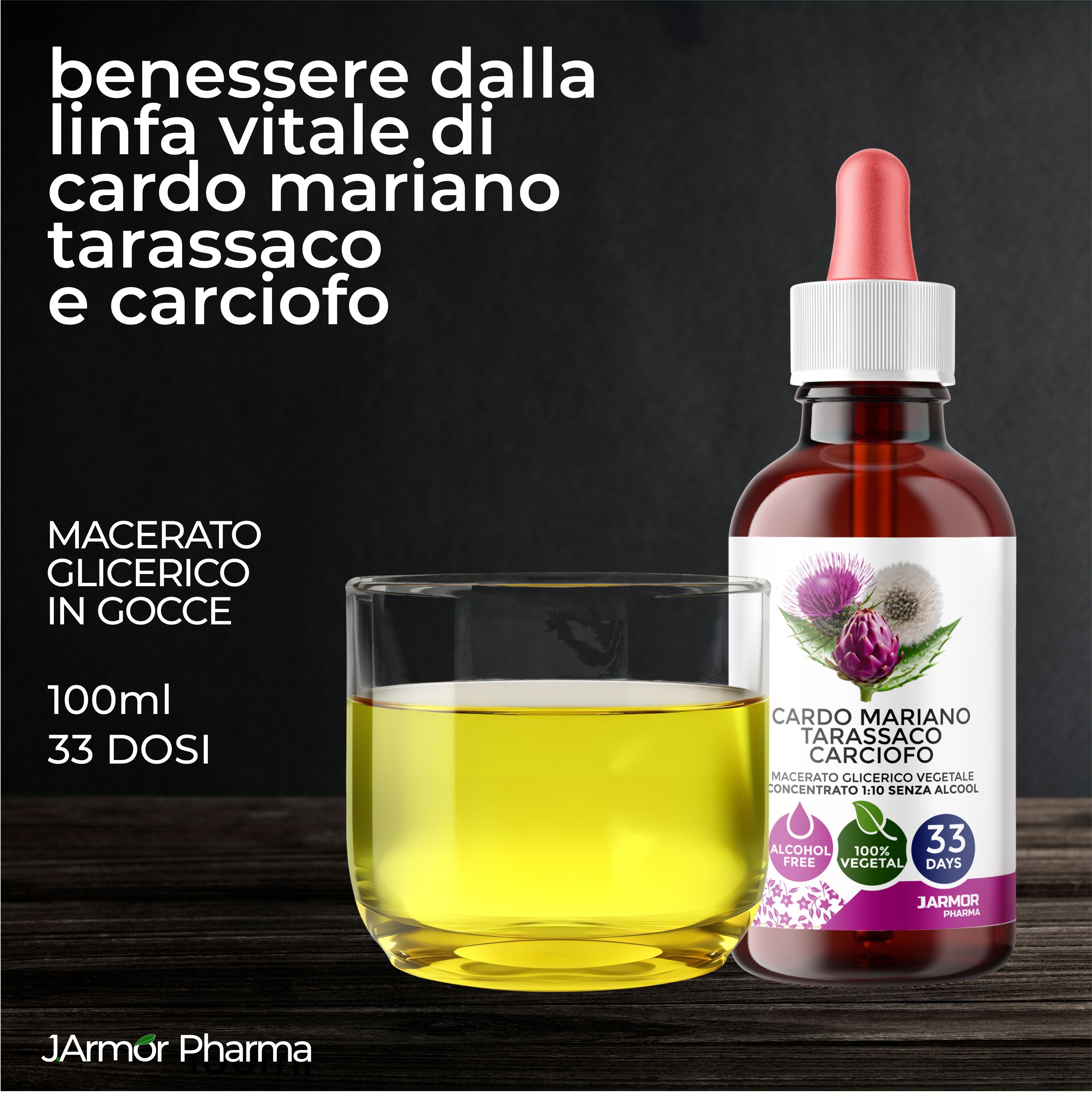 Flacone di vetro marrone con contagocce e bicchiere con liquido giallo. Scritta: Cardo Mariano Tarassaco Carciofo. Logo: Jarmor Pharma.