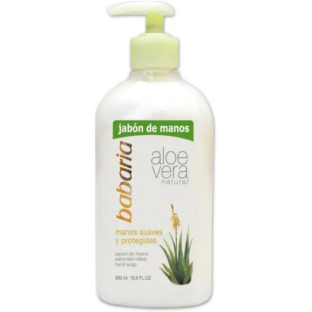 Dispenser bianco con erogatore verde. Testo: Babaria, Aloe Vera Natural, Jabón de manos, manos suaves y protegidas.