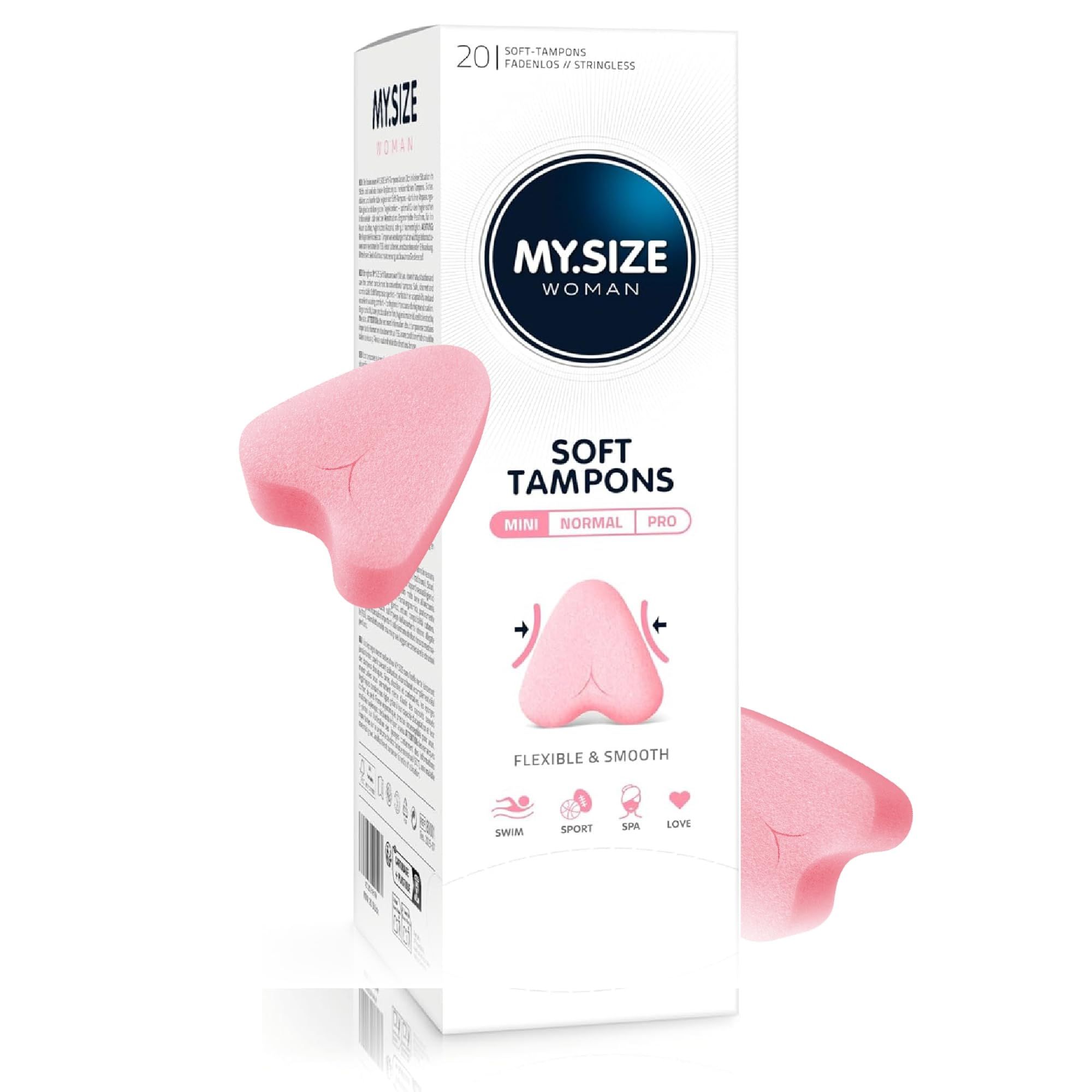 Confezione MY.SIZE Woman Soft Tampons Mini con due tamponi. Primo piano del prodotto su sfondo bianco.