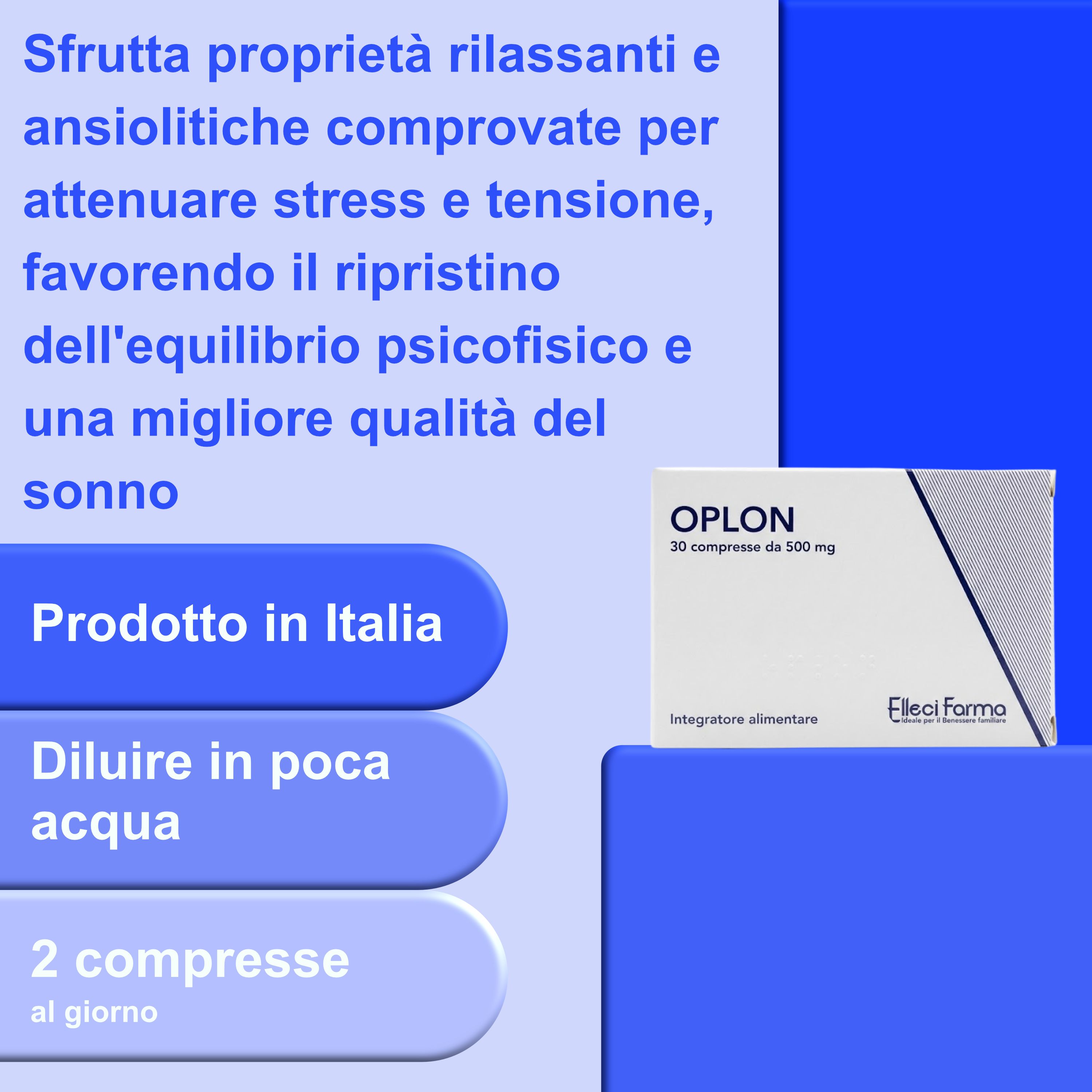 Scatola OPLON. Infobox blu con testo. Logo Elleci Farma. 30 compresse, 500 mg.