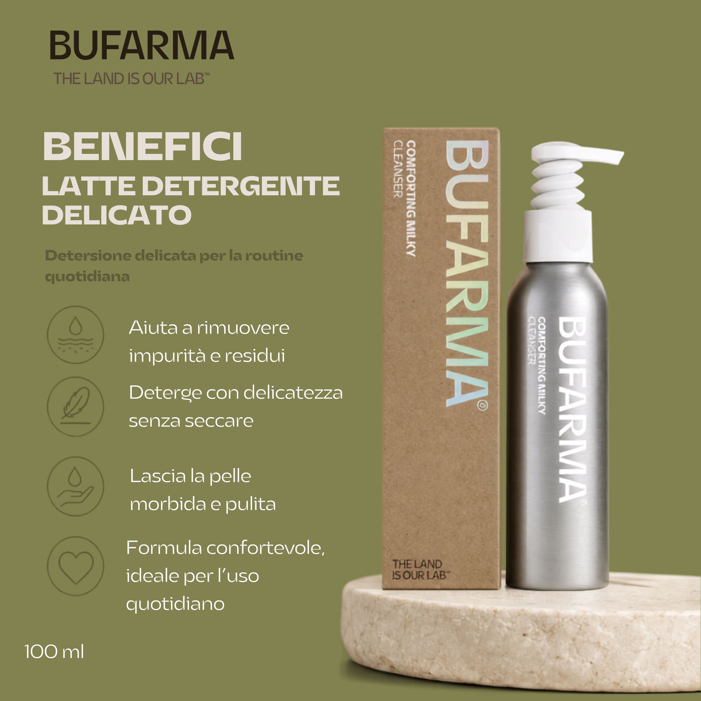 Bufarma latte detergente, 100ml, con dispenser e scatola. Testo in italiano.