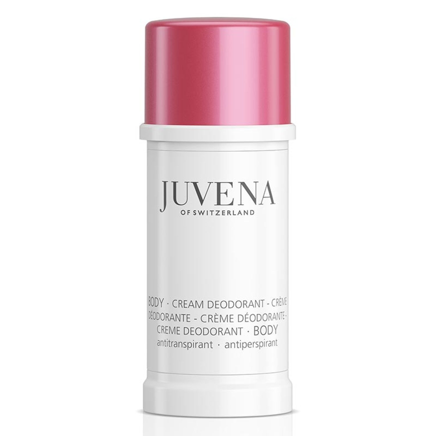 Stick deodorante bianco con tappo rosa. Scritta: Juvena of Switzerland. Nome prodotto: Body Cream Deodorant.