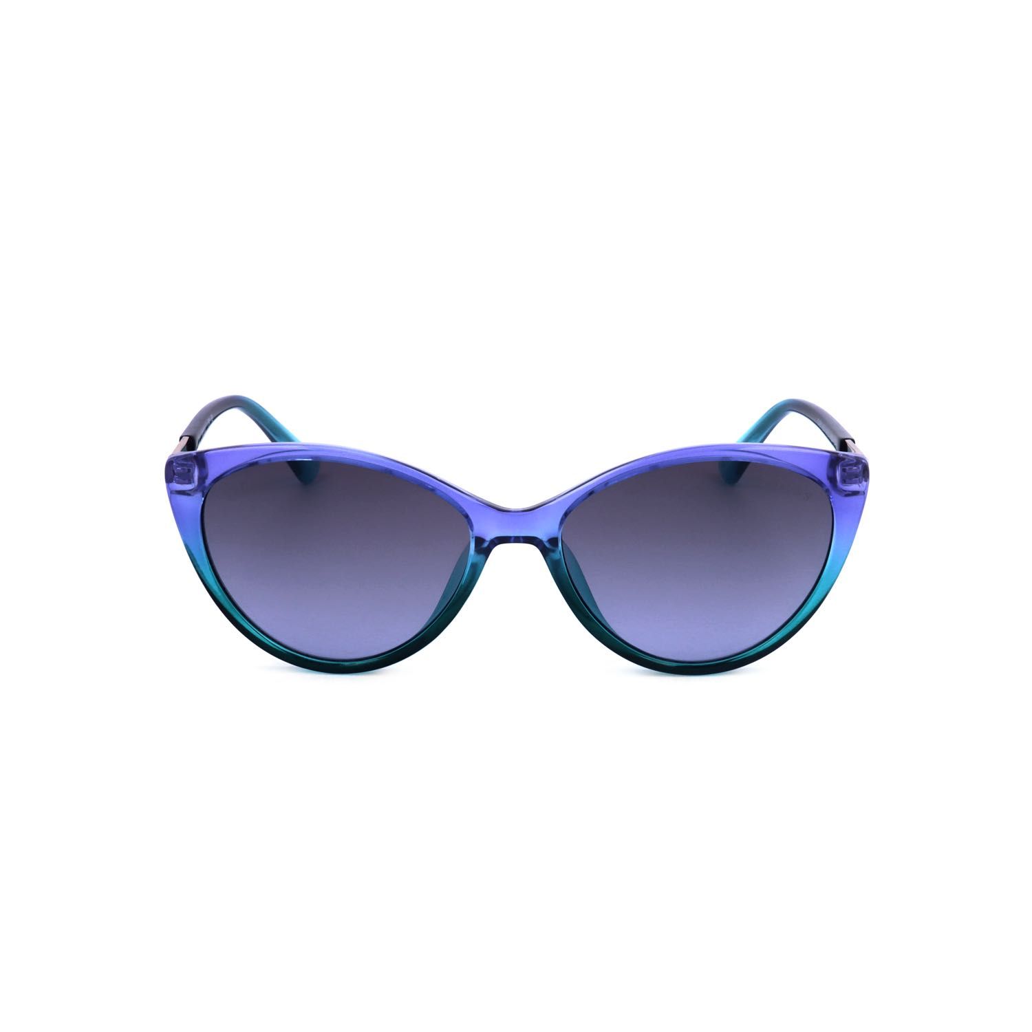 Occhiali da sole cat-eye viola e turchesi con lenti scure.