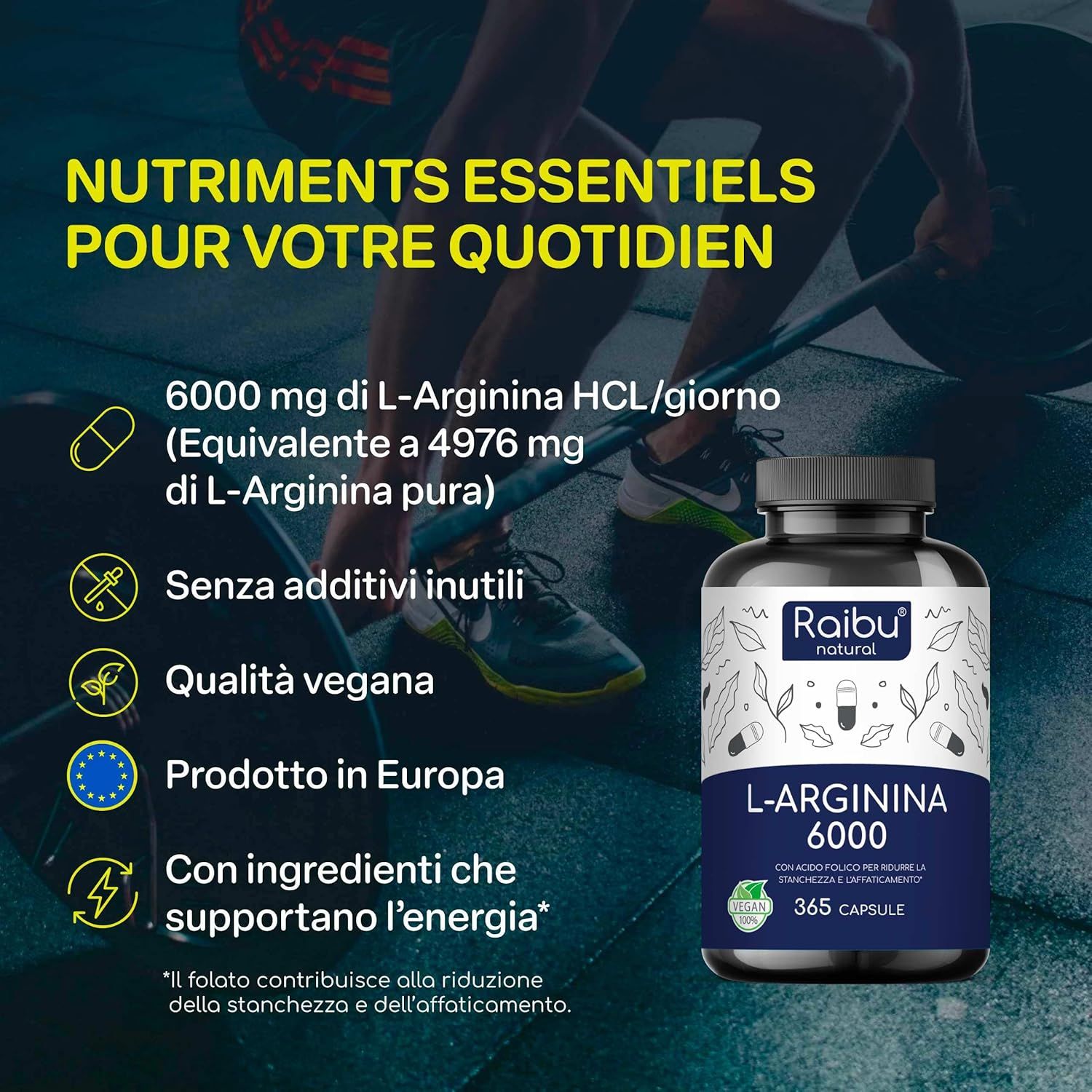 Prodotto con testo e icone. Scritta: Raibu natural, L-Arginina 6000, 365 capsule. Vegano, prodotto in Europa.