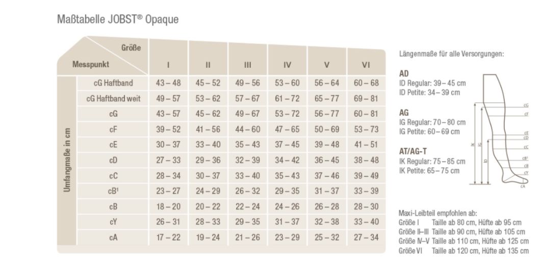 Tabella delle taglie per calze compressive JOBST Opaque. Tabelle con taglie e misure in cm. Illustrazione di una gamba.