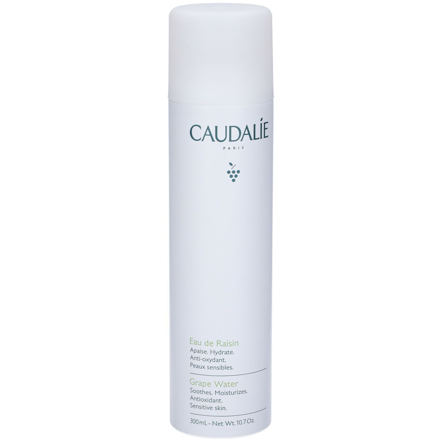 Spray bianco Caudalie, testo verde. Scritto: Eau de Raisin, Grape Water. Flacone con erogatore spray.