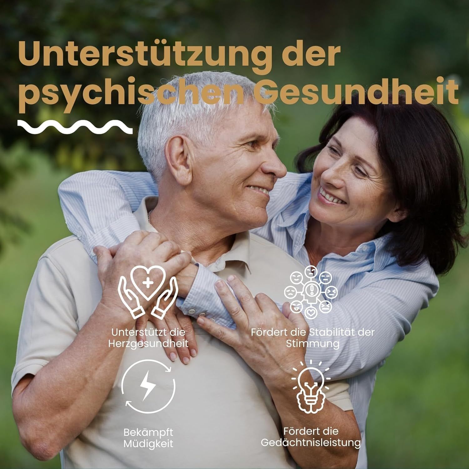 Coppia che si abbraccia. Supporta la salute del cuore, l'umore, la memoria, combatte l'affaticamento. Logo Vizmo.