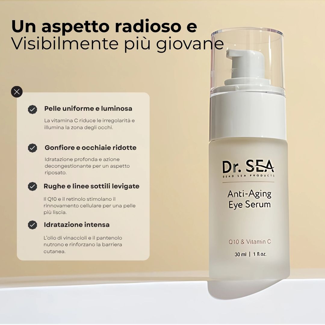 Flacone di siero occhi con testo. Testo: Dr. SEA, Anti-Aging Eye Serum, Q10 & Vitamina C. Vantaggi: pelle uniforme, meno rughe.