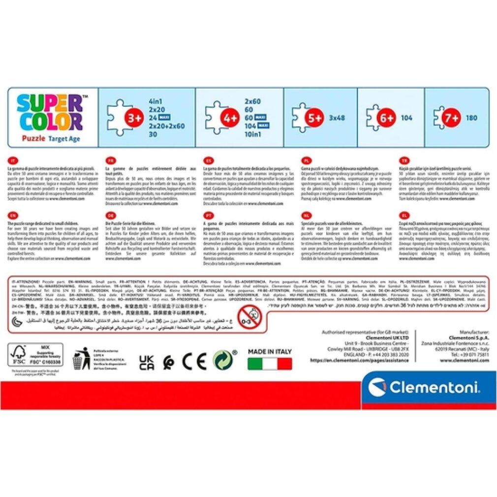 Retro della confezione del puzzle. Contiene informazioni sulle diverse dimensioni dei puzzle e le età. Marchio: Clementoni. Con certificazioni.