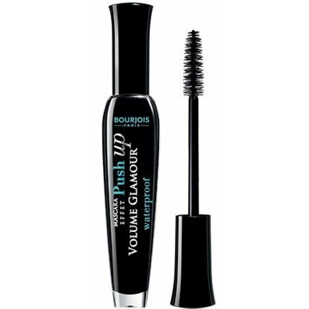 Tubo e spazzola per mascara neri. Scritta Bourjois Push up Volume Glamour Waterproof.