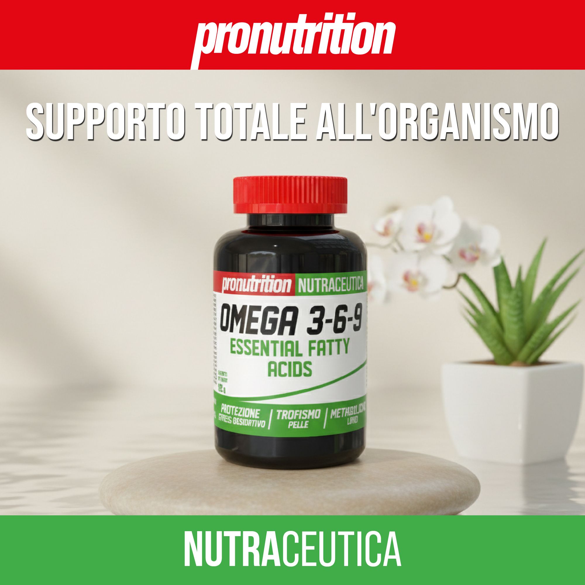Flacone scuro con tappo rosso. Scritta: Omega 3-6-9 Essential Fatty Acids. Marca: Pronutrition. Etichetta verde e bianca.