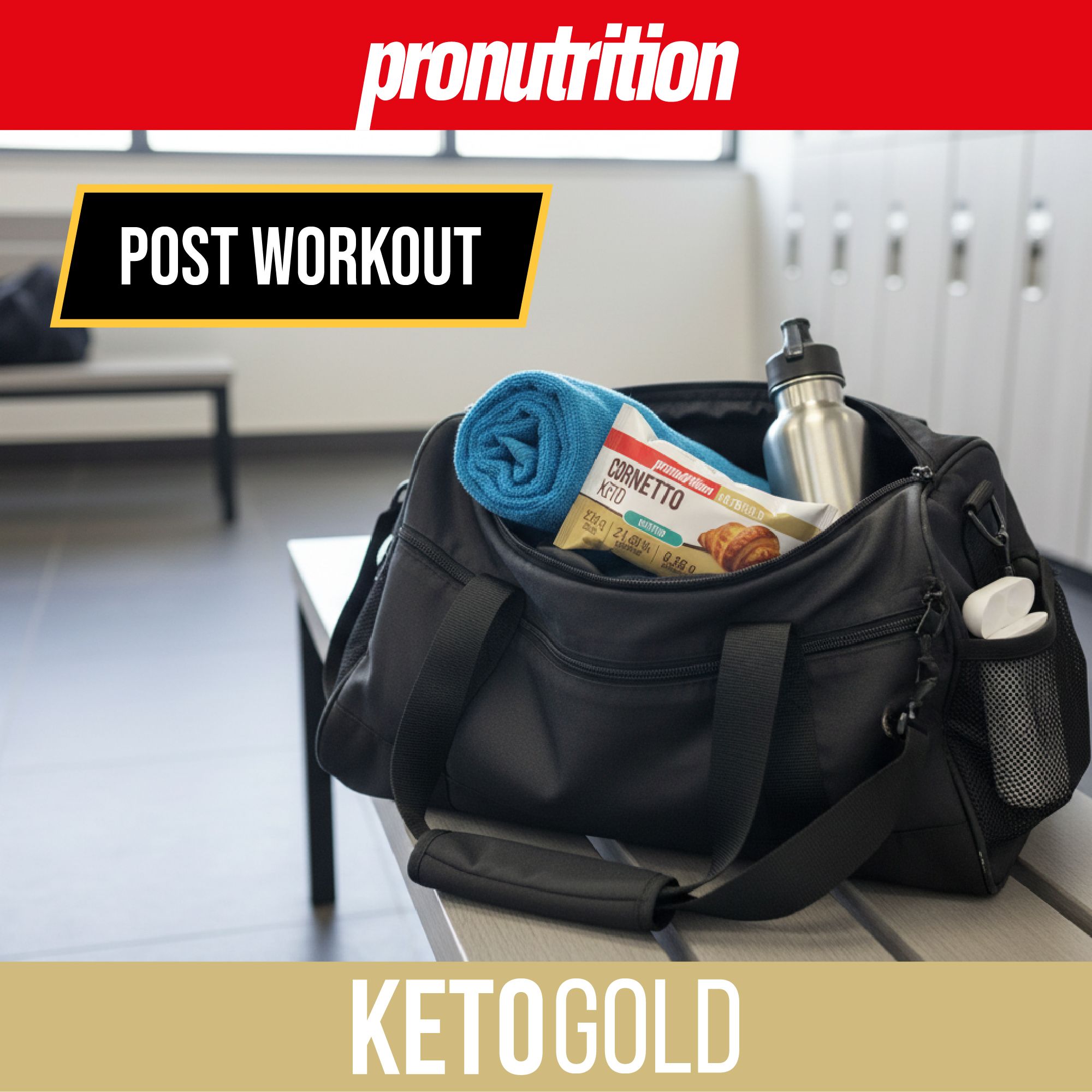Borsa sportiva con asciugamano, borraccia e Cornetto Keto. Scritte: Post Workout, Keto Gold.