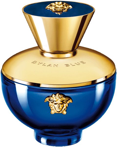 Flacone di profumo blu con dettagli dorati. Logo Medusa. Scritta: Dylan Blue.