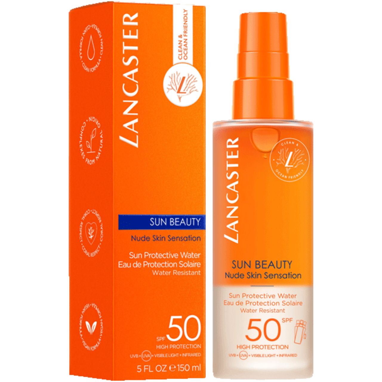 Lancaster Sun Beauty Protective Water SPF50. Flacone e confezione. Testo: Sun Beauty, SPF50, High Protection, Clean & Ocean Friendly.