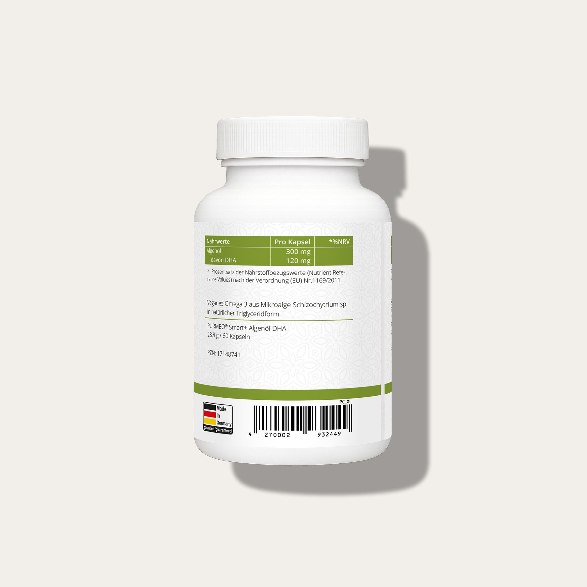 Flacone bianco con etichetta verde. Testo: PURMEO Smart+ Algenöl DHA. Vegano. Per cuore, cervello e vista. Informazioni nutrizionali. Origine tedesca.