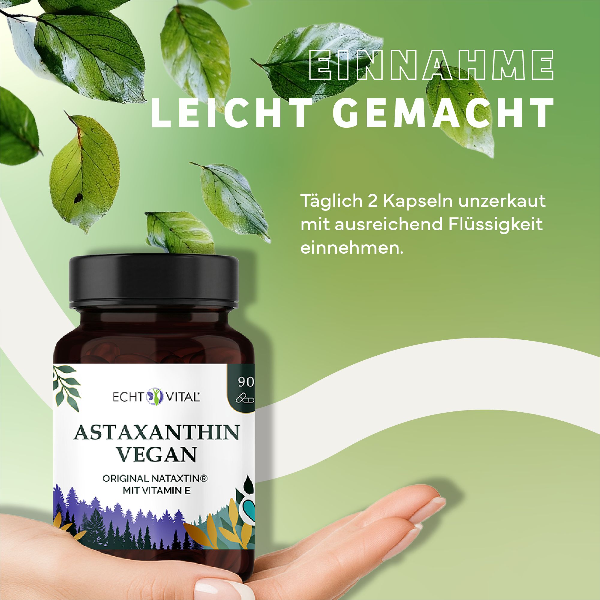 Capsule Echt Vital Astaxantina Vegan in una mano, facile da assumere.
