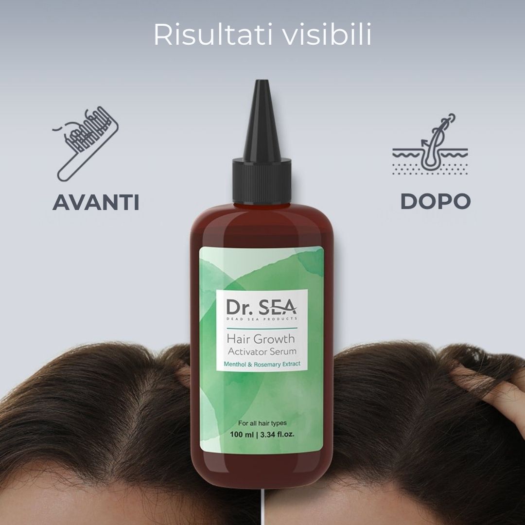 Flacone con immagini prima-dopo. Dr. SEA, Hair Growth Activator Serum. Per tutti i tipi di capelli. 100 ml.