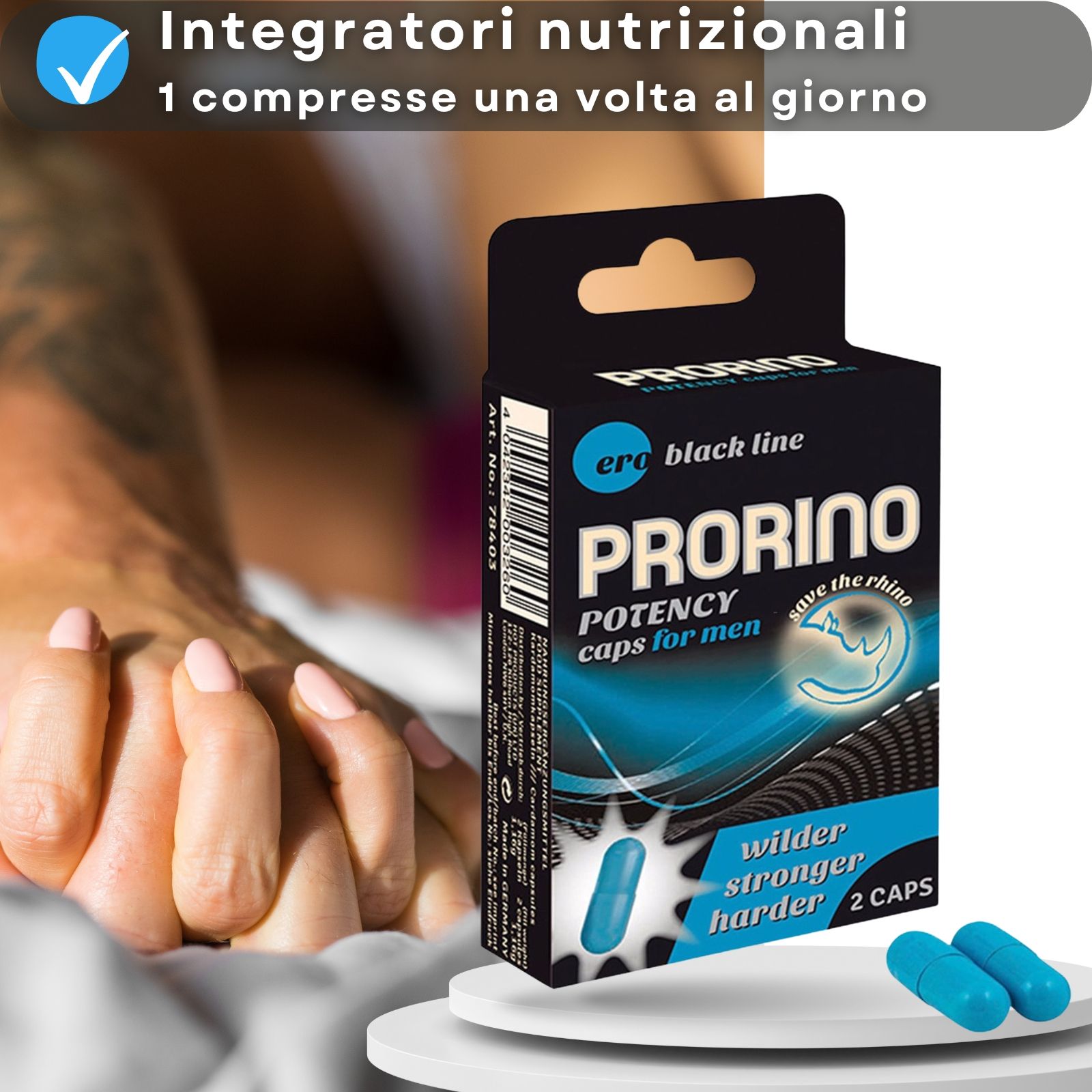 Prorino capsule per uomini. Confezione e 2 capsule. Donna sullo sfondo.