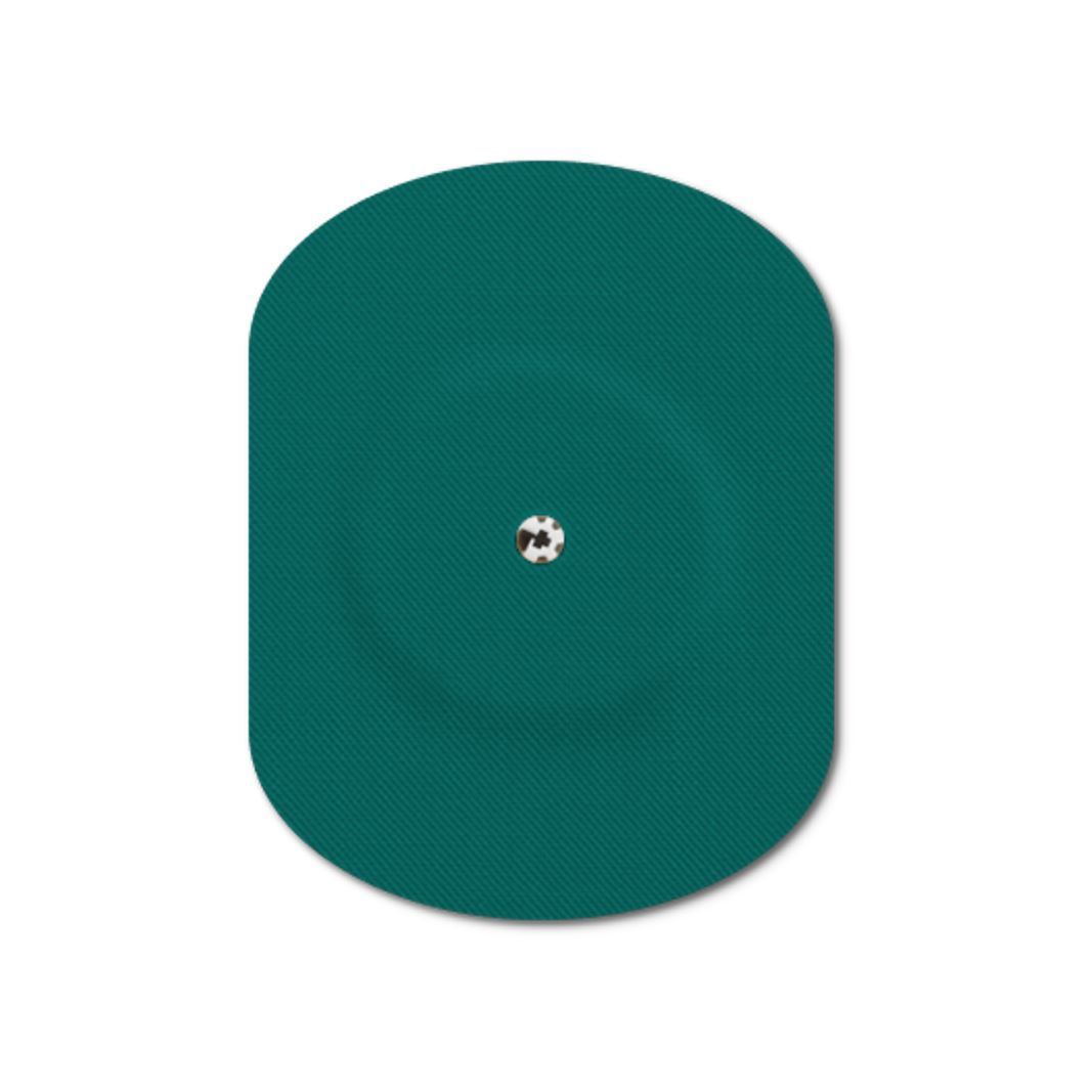 Cerotto ovale con foro di ventilazione. Verde scuro. Design a pallone al centro. Superficie tessile.