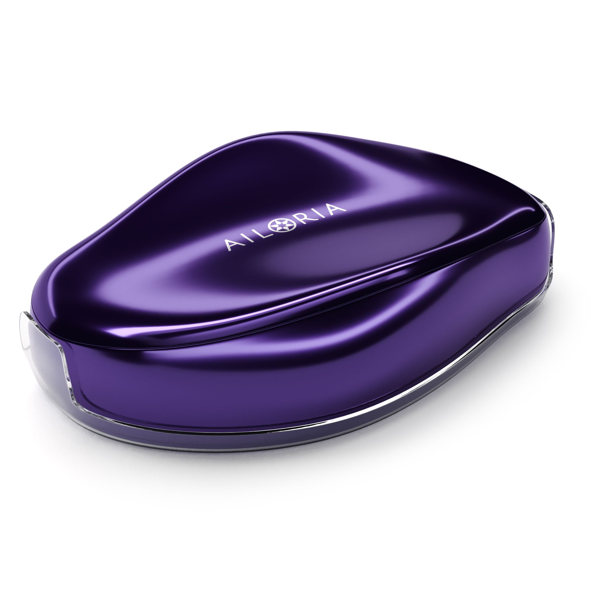 Un rasoio viola lucido in una custodia trasparente. Il marchio AILORIA è visibile.