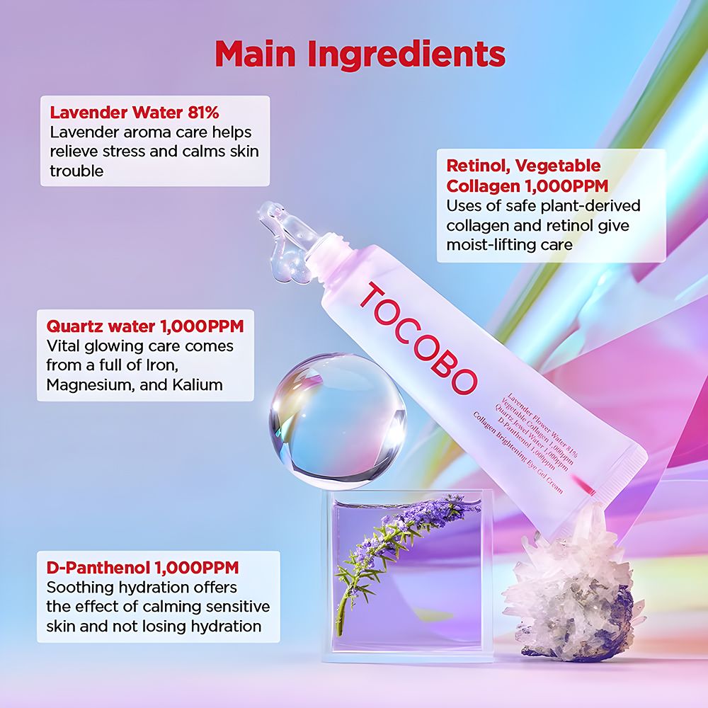 Prodotto con ingredienti: acqua di lavanda, retinolo, quarzo e D-pantenolo. Tubo con logo TOCOBO.