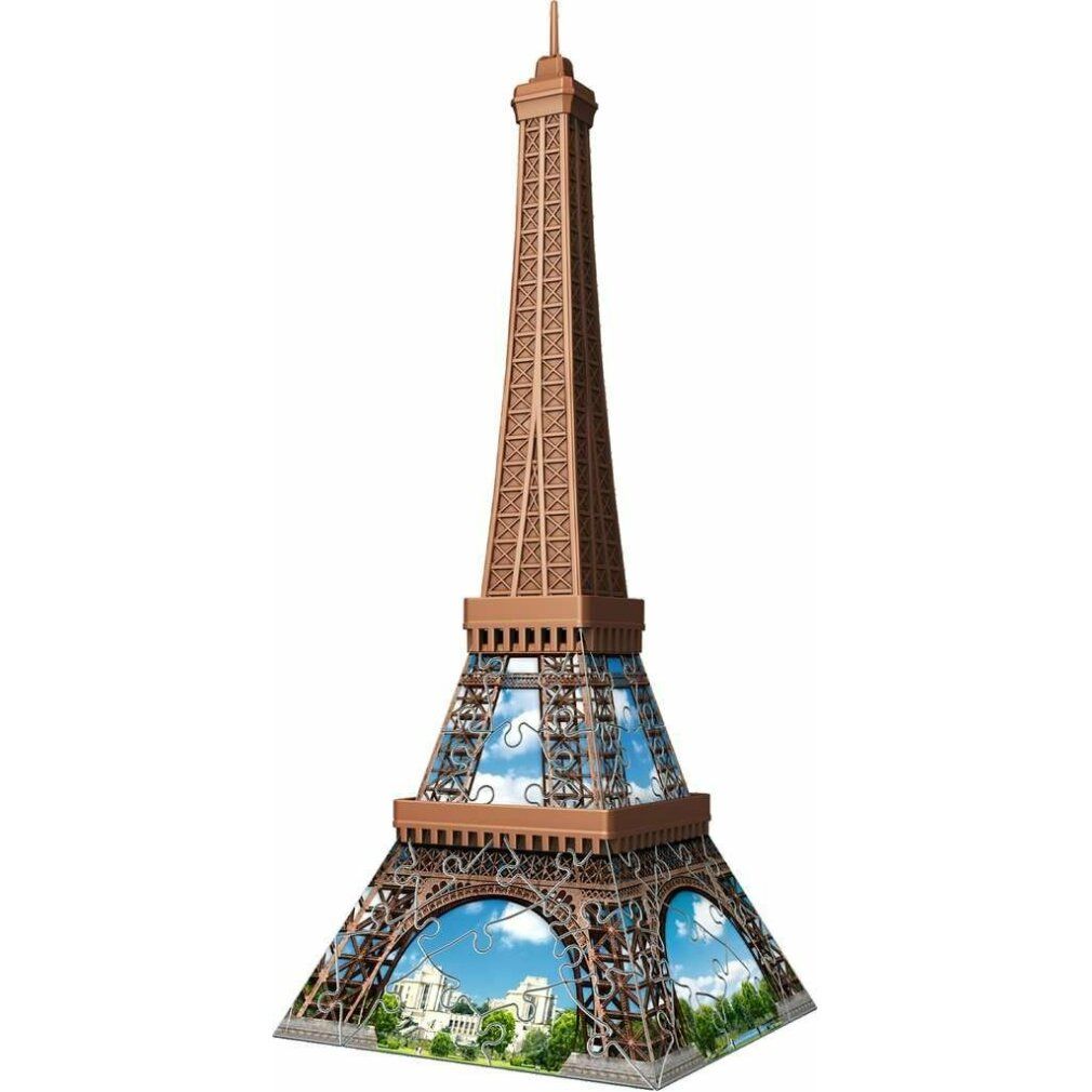 Torre Eiffel puzzle 3D marrone. Completamente assemblata, con immagini di cielo e paesaggio nelle finestre. Senza confezione.
