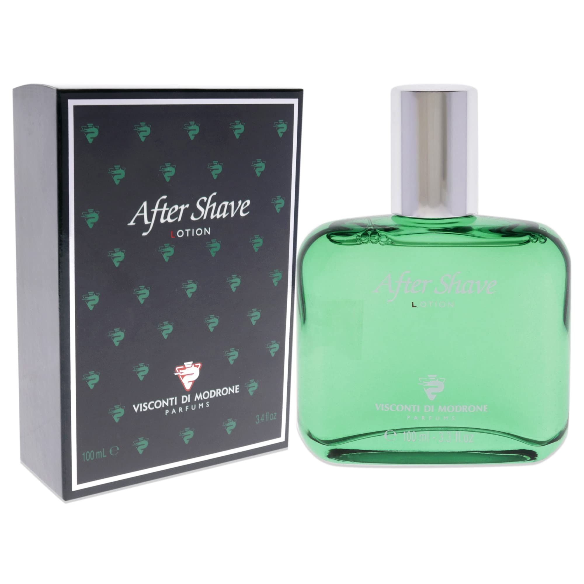 Flacone in vetro verde con tappo argentato e scatola. Scritta After Shave Lotion e Visconti di Modrone.