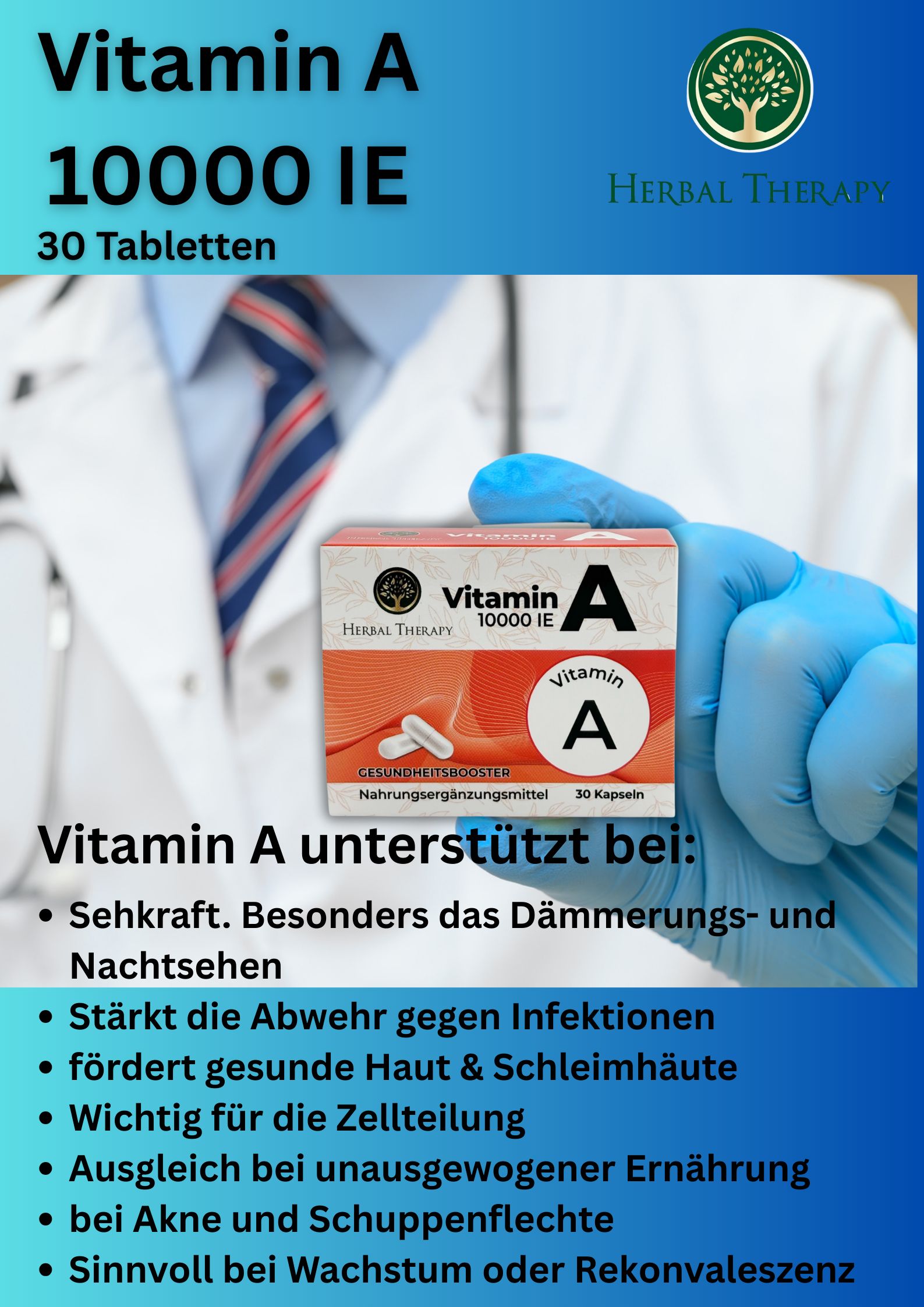Scatola Vitamin A 10000 IE in ambiente blu. Scatola tenuta da una mano con guanto. Testo sui benefici del prodotto.