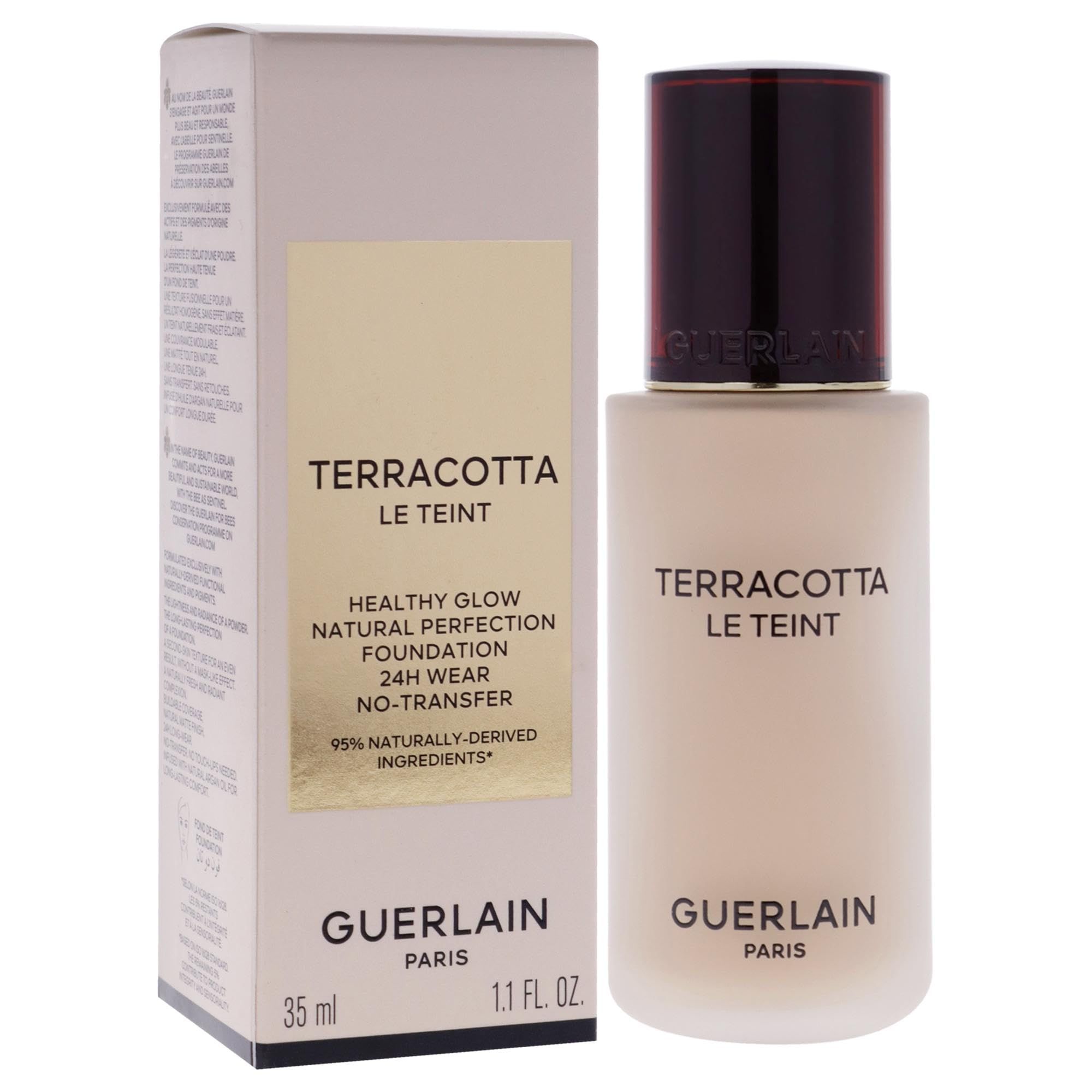 Fondotinta liquido con confezione. Scritta: Terracotta Le Teint, Healthy Glow, 24H Wear, No-Transfer. Marchio Guerlain.