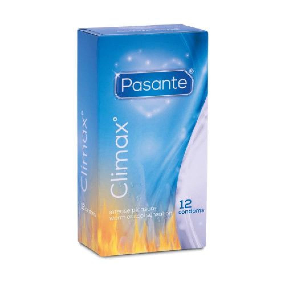 Scatola di 12 preservativi Pasante Climax°. Scritto: Intense pleasure, warm or cool sensation.