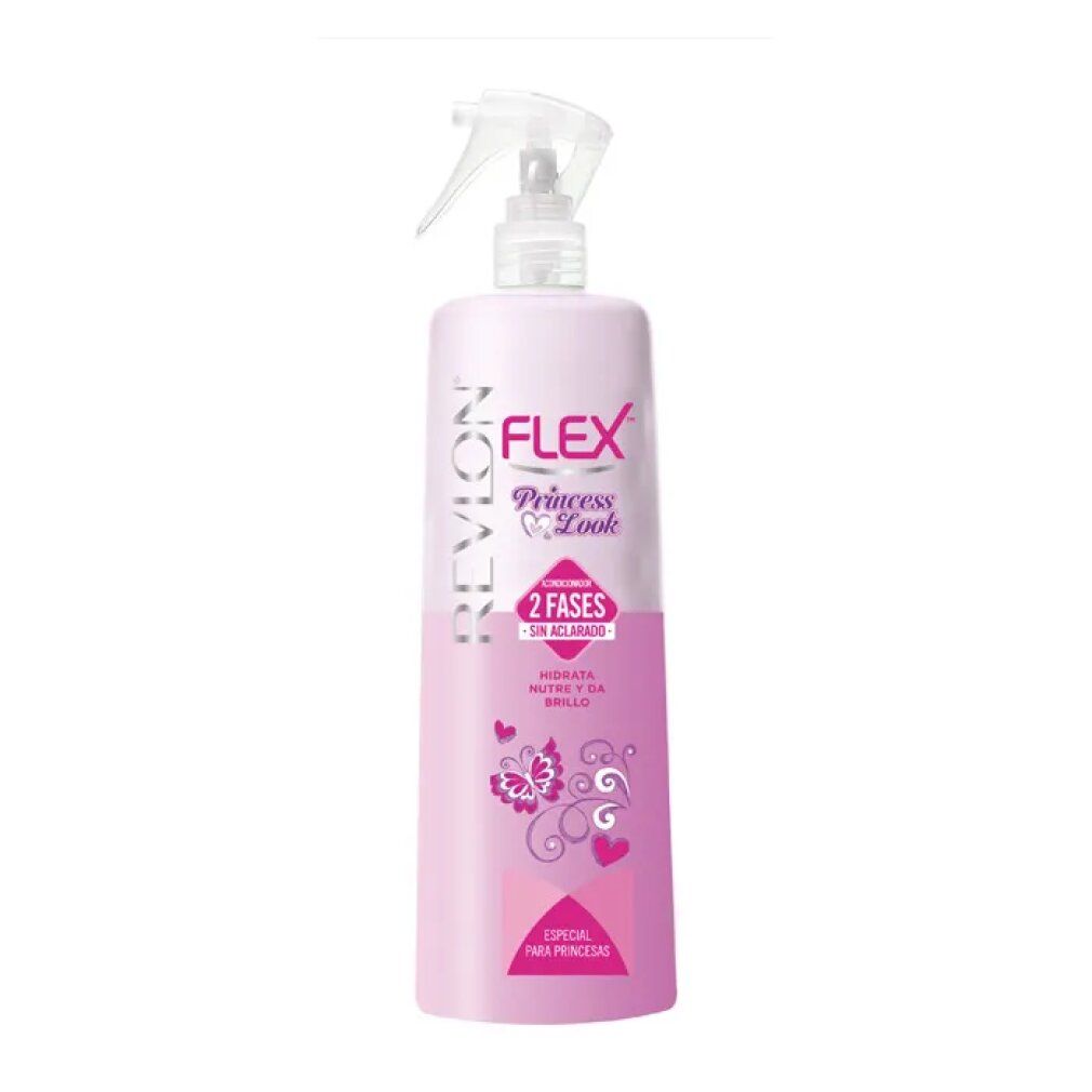 Flacone rosa con spruzzatore. Scritta: Revlon Flex Princess Look, 2 fasi. Decorazione con farfalle e cuori.
