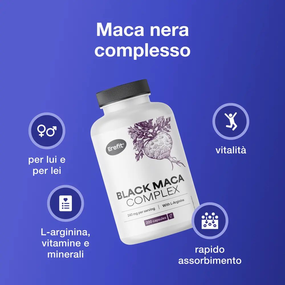 Flacone di Black Maca Complex e capsule. Simboli: Vitalità, L-Arginina, vitamine, minerali, rapido assorbimento.