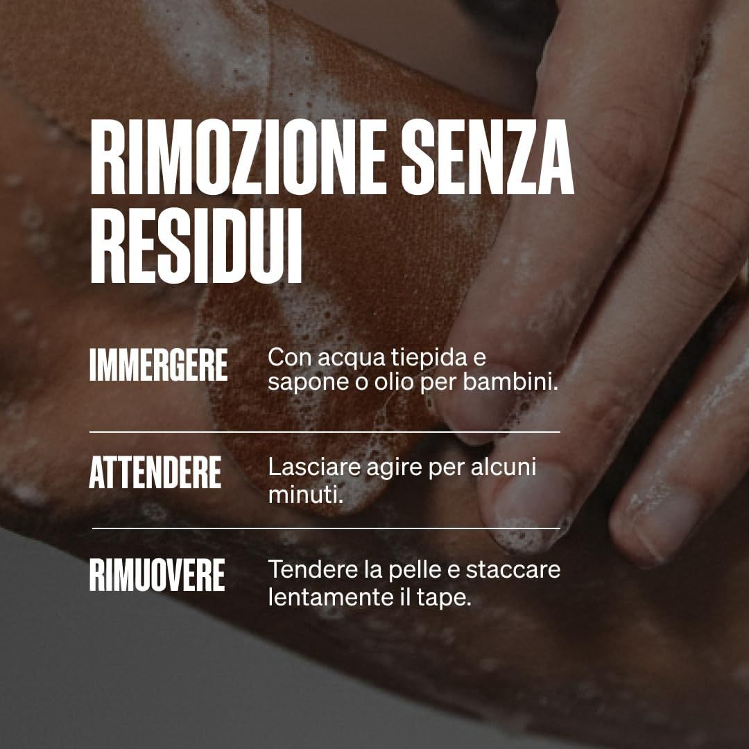 Rimozione del nastro kinesiologico: Immergere con acqua tiepida/olio, rimuovere lentamente.
