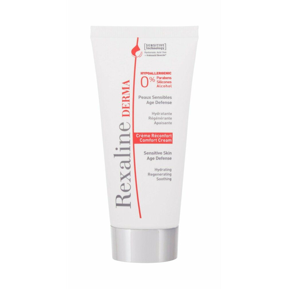 Tubo bianco con tappo argentato. Scritta: Rexaline Derma, Crème Réconfort, Sensitive Skin Age Defense. Ipoallergenico.