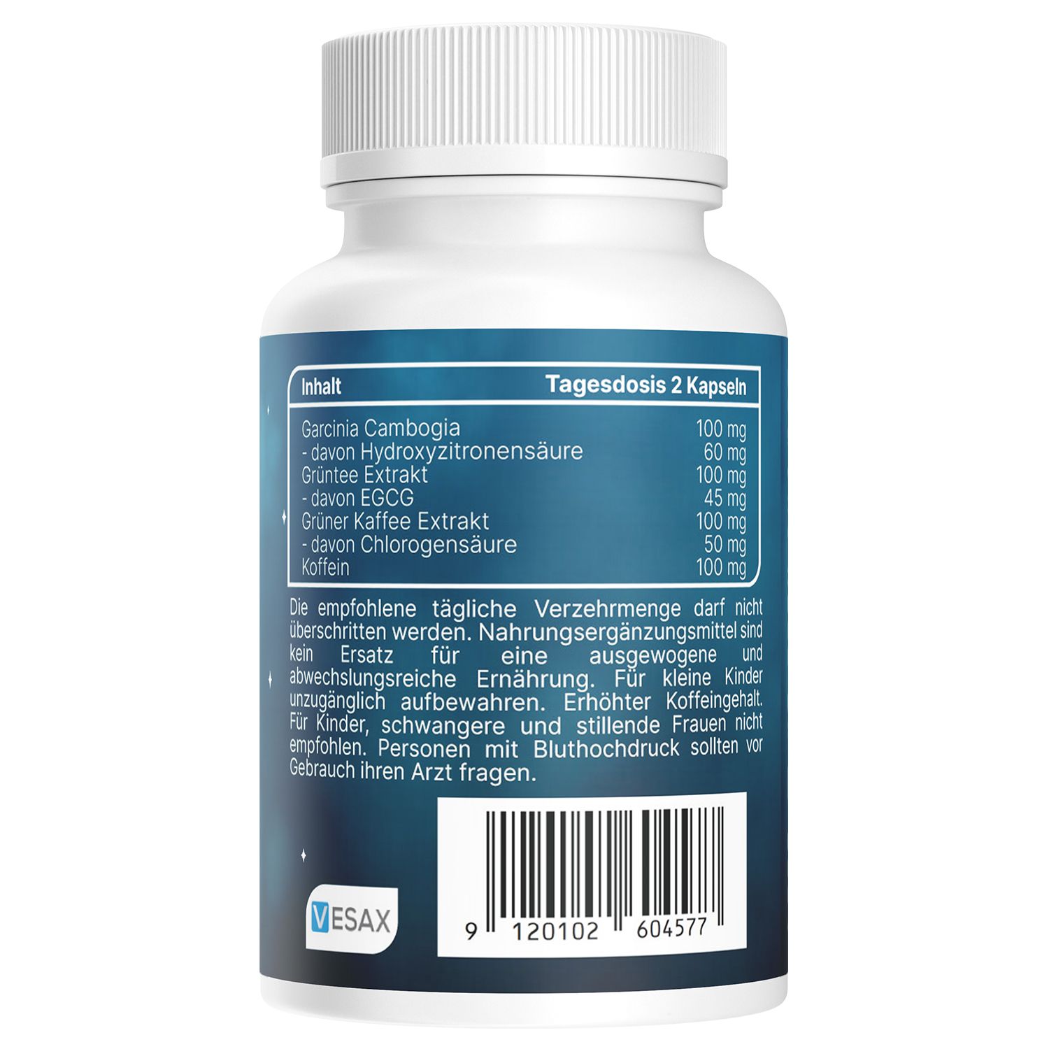 Flacone bianco, retro. Ingredienti e dose giornaliera. Testo: Vesax, codice a barre.