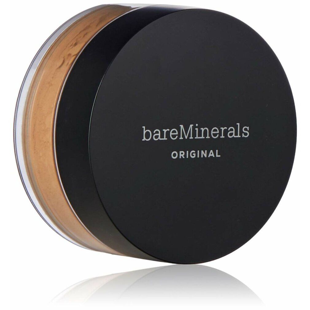 Contenitore rotondo trasparente con coperchio nero. Sul coperchio è scritto "bareMinerals ORIGINAL". Il prodotto è una polvere libera di colore marrone chiaro.