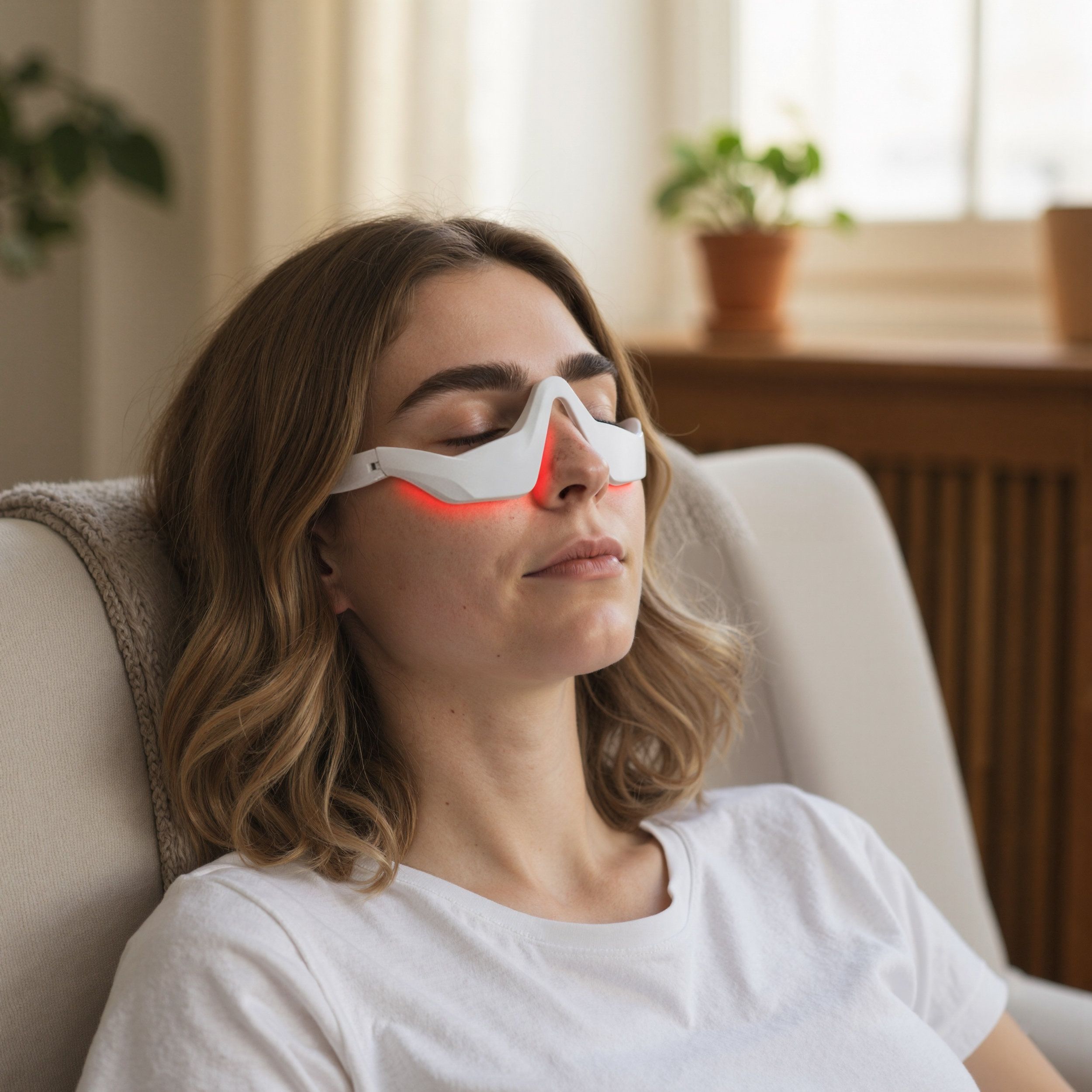 Una donna con gli occhi chiusi indossa una maschera per gli occhi bianca con luci rosse.