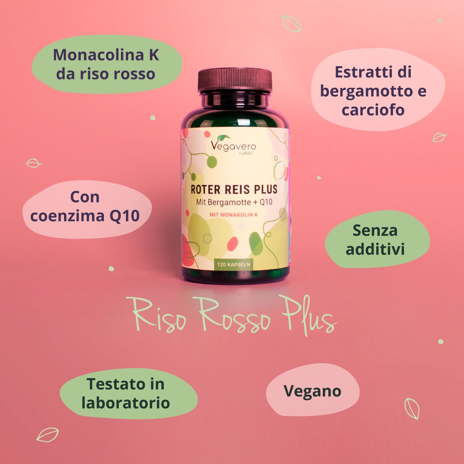 Flacone verde con scritta: Riso Rosso Plus, Con Bergamotto + Q10, 120 capsule. Vegavaro. Informazioni aggiuntive.