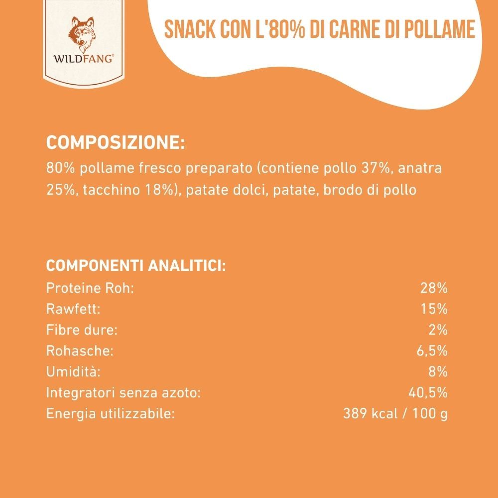 Testo: Composizione: 80% pollame fresco (contiene 37% pollo, 25% anatra, 18% tacchino), patate dolci, patate, brodo di pollo. Componenti analitici.