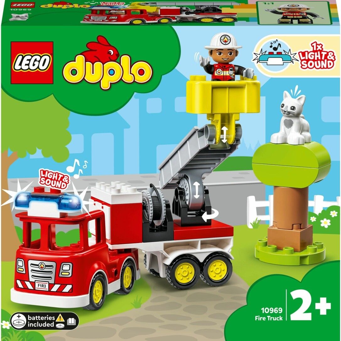 Set LEGO Duplo autopompa. Camion rosso con scala gialla, personaggio, gatto e albero. Confezione con logo e fascia d'età.