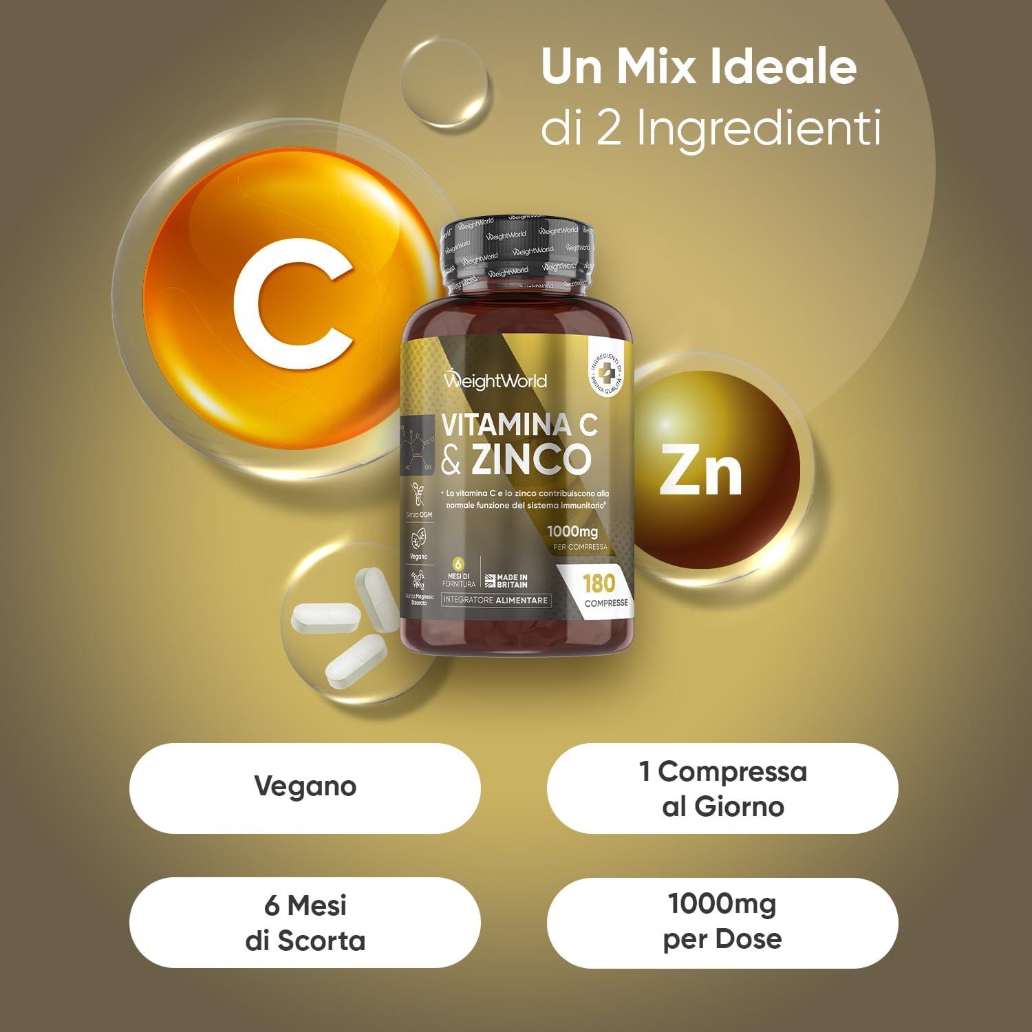 Flacone di Vitamina C & Zinco. Testo: Vegano, 6 mesi di scorta, 1 compressa al giorno, 1000mg per dose. Simboli per C e Zn.