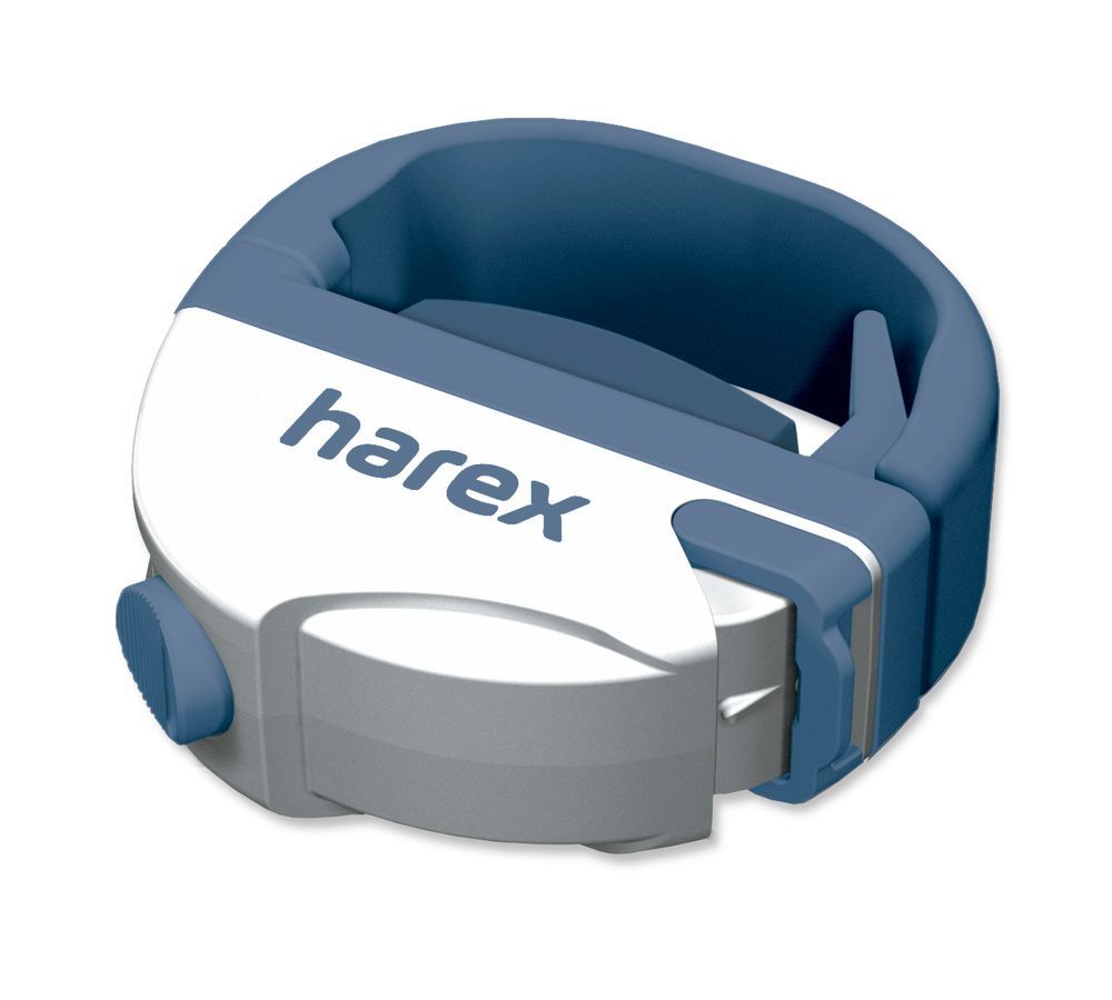 Dispositivo blu e bianco con la scritta "harex".