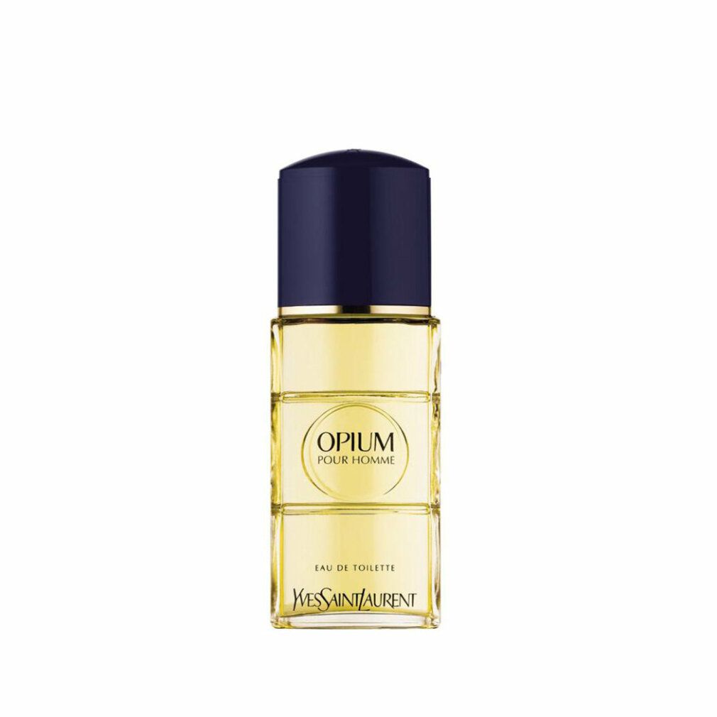 Flacone in vetro con liquido giallo, tappo blu. Scritta "OPIUM POUR HOMME" e "Yves Saint Laurent".